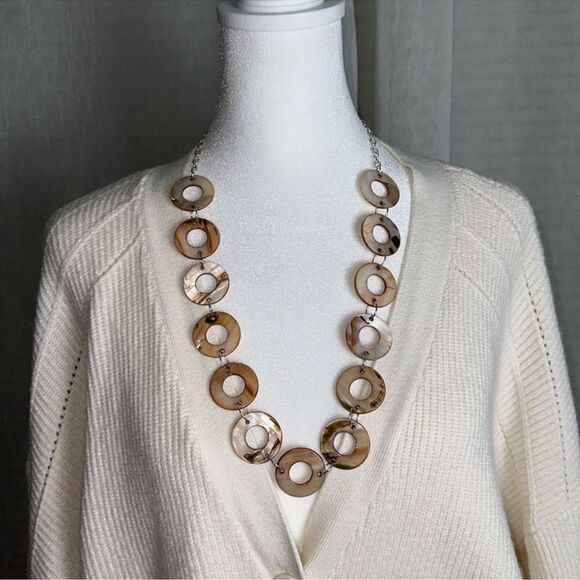 Cream Tan Brown Silver Tone Acetate Circle Statement Necklace - Picture 1 of 6